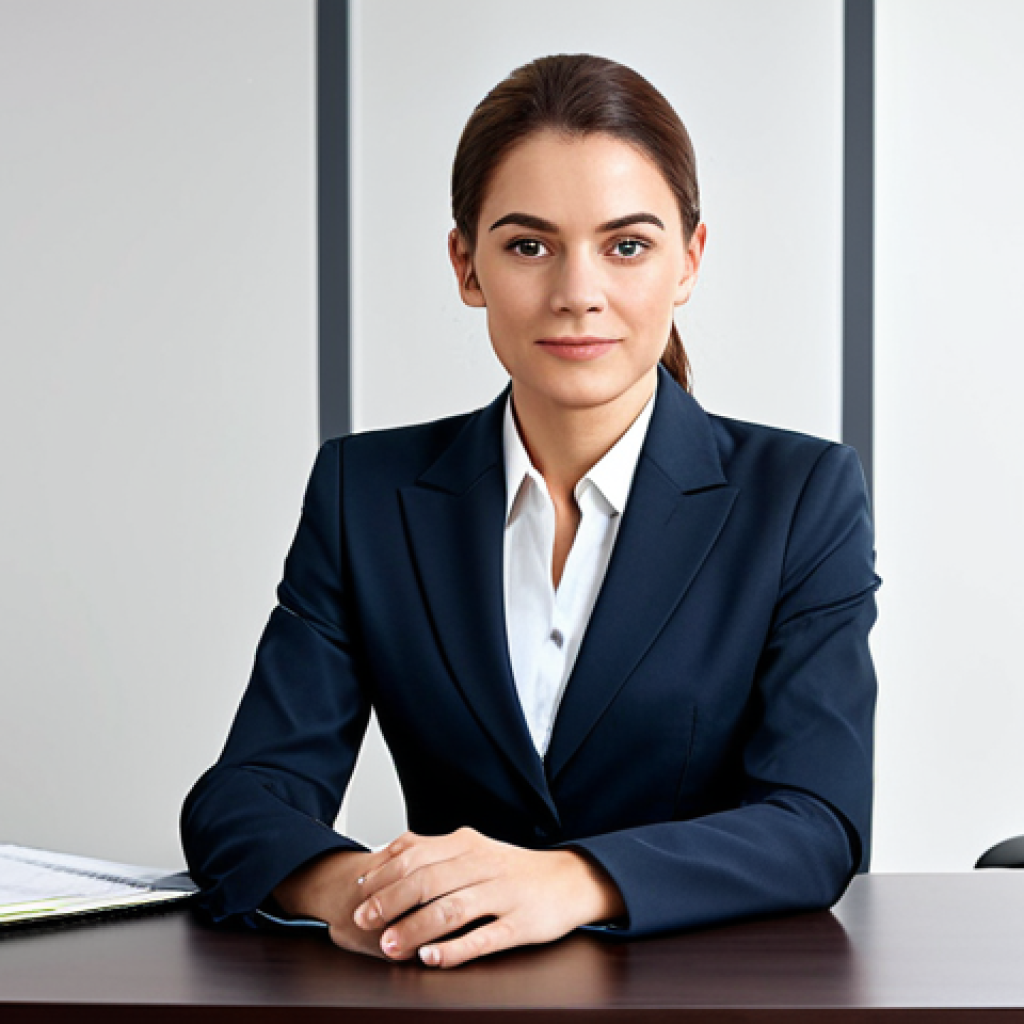 ** A professional businesswoman in a modest business suit, sitting at a desk in a modern office, fully clothed, appropriate attire, safe for work, perfect anatomy, natural proportions, professional photography, high quality.

**