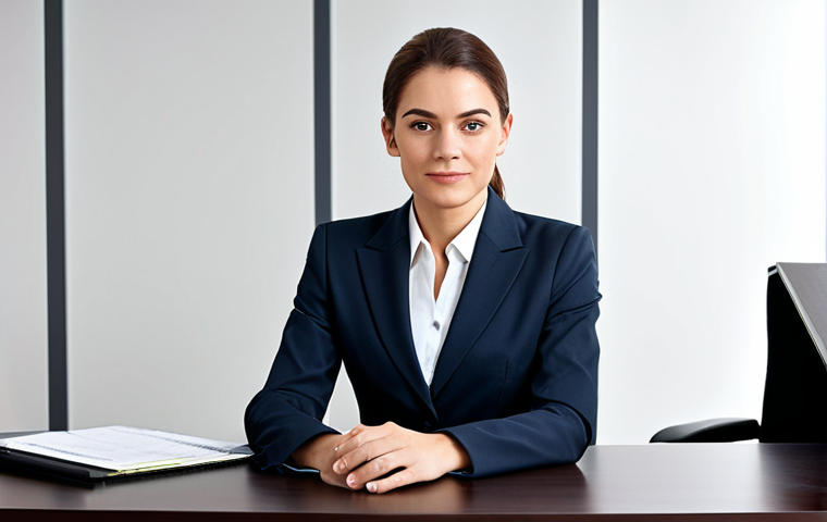 ** A professional businesswoman in a modest business suit, sitting at a desk in a modern office, fully clothed, appropriate attire, safe for work, perfect anatomy, natural proportions, professional photography, high quality.

**