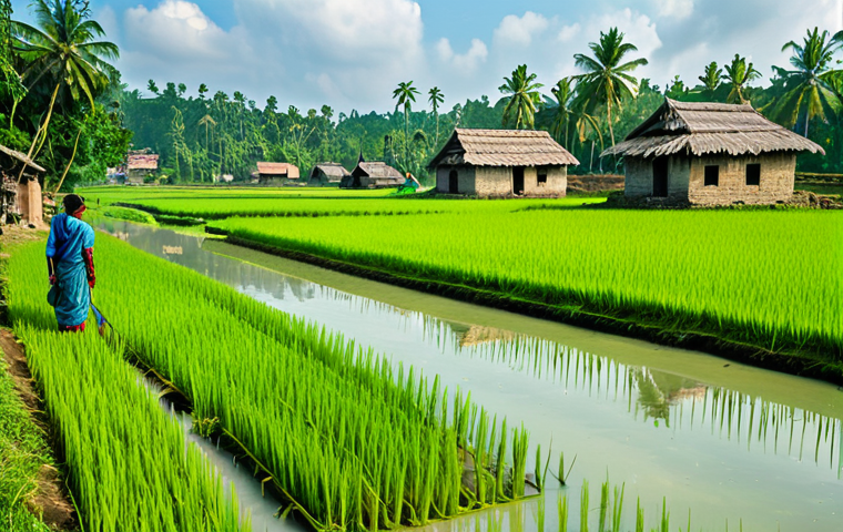 Rural Village Scene**

A vibrant scene depicting a lush green rice field in a rural Bangladeshi village, with a clear river flowing nearby. Modest, fully clothed villagers are engaged in traditional activities such as farming and crafting. In the background, traditional Bengali houses with intricate designs can be seen. The sky is clear with scattered clouds, creating a warm and inviting atmosphere. Perfect anatomy, correct proportions, natural pose, well-formed hands, proper finger count, natural body proportions, professional photography, high quality, safe for work, appropriate content, fully clothed, family-friendly.

**