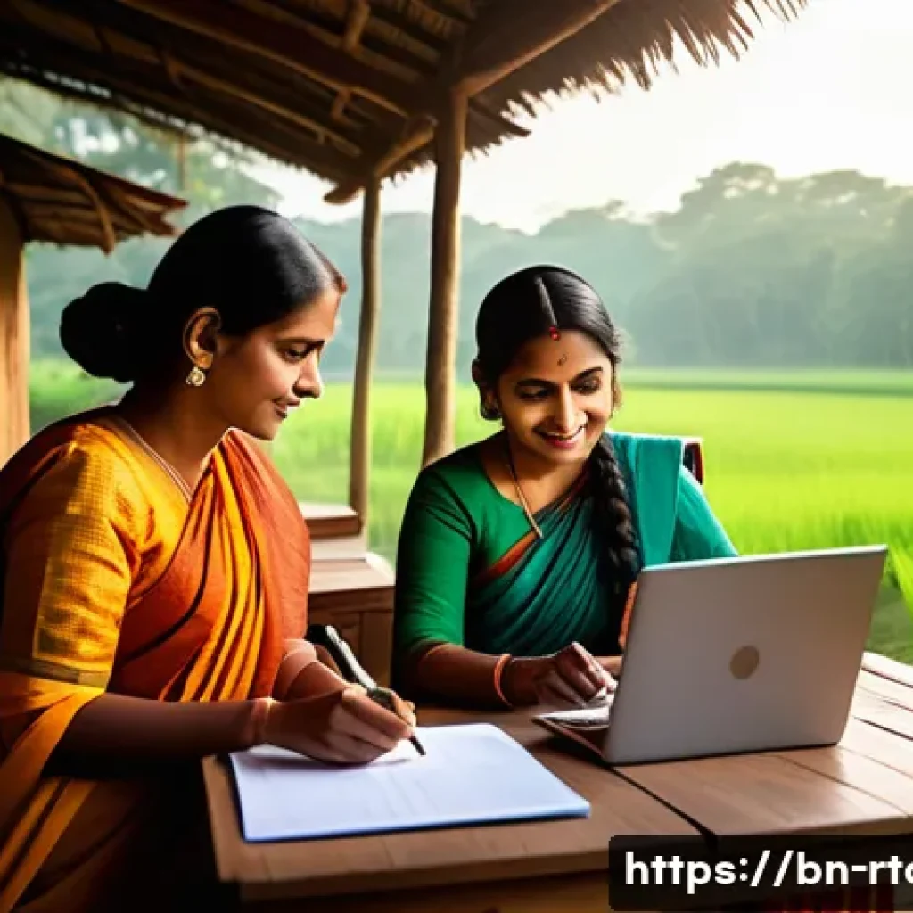 농촌관광기획사 취업 후 경력 관리 - A detailed and vibrant rural tourism project planning scene set in a lush Bengali village, showing a...