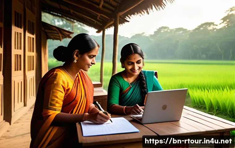 농촌관광기획사 취업 후 경력 관리 - A detailed and vibrant rural tourism project planning scene set in a lush Bengali village, showing a...