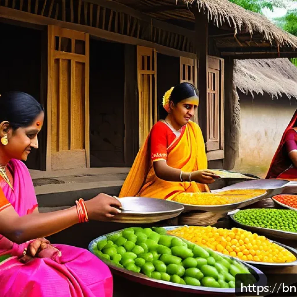 농촌관광기획사 직무별 핵심 역량 - A vibrant rural cultural festival scene in a Bengali village, showcasing local people dressed in tra...