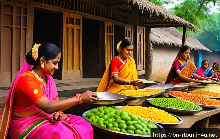 농촌관광기획사 직무별 핵심 역량 - A vibrant rural cultural festival scene in a Bengali village, showcasing local people dressed in tra...