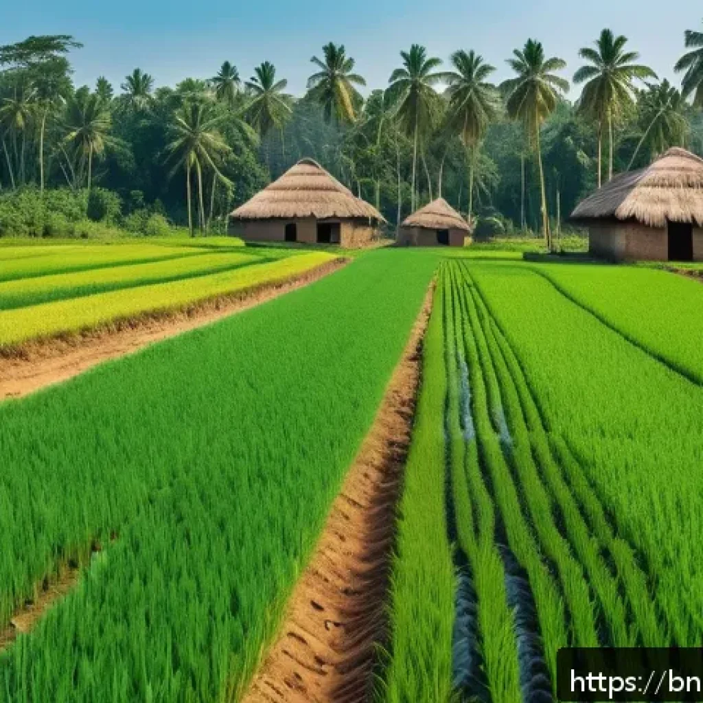 농촌관광기획사 업무 효율성 향상 - A vibrant rural farm scene in Bengal showcasing modern smart farming technology: automated irrigatio...