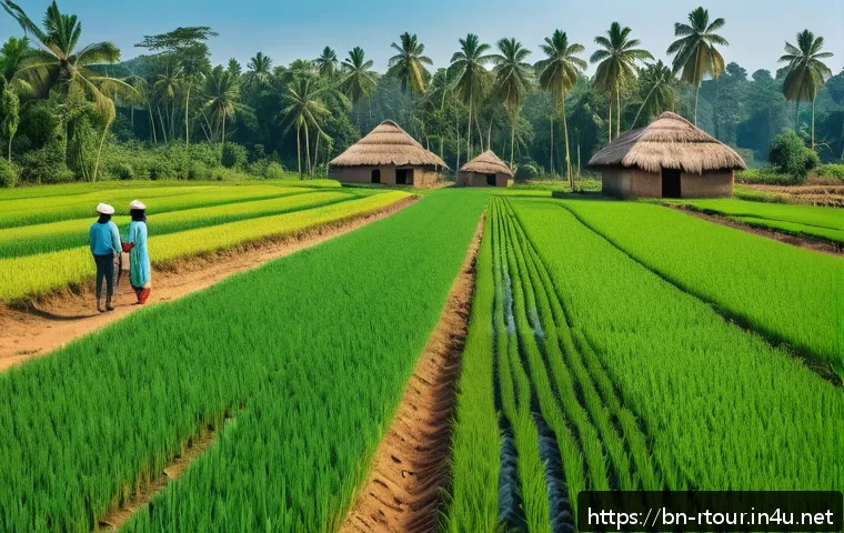 농촌관광기획사 업무 효율성 향상 - A vibrant rural farm scene in Bengal showcasing modern smart farming technology: automated irrigatio...