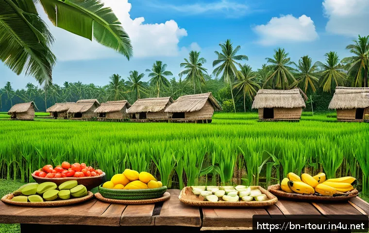 농촌관광기획사 자격증 시험 필기과목 - A vibrant rural farm scene in Bengal during daytime, showcasing a diverse group of tourists includin...