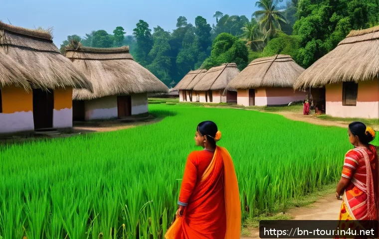 농촌관광기획사 커리어 관리 - A vibrant rural tourism scene in a Bengali village during daytime, featuring local men and women wea...