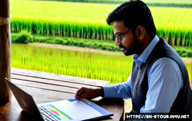 농촌관광기획사 이직 후 경력 관리 - Photorealistic Bangladeshi rural tourism planner in modest professional attire reviewing a color-cod...